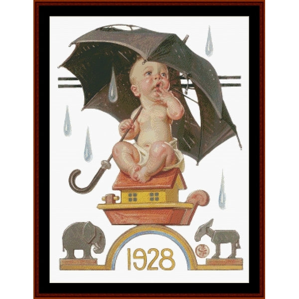 Counted Cross Stitch Pattern: New Year's Baby, 1928 by J.C. Leyendecker - Cross Stitch Collectibles - Vintage-style framed art print featuring a seated baby under a large black umbrella atop a small house, with raindrops, elephants, a donkey, and the year 1928 at the bottom.