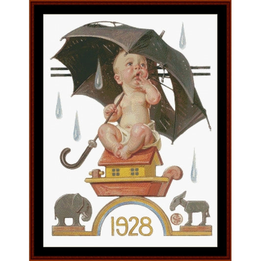 Counted Cross Stitch Pattern: New Year's Baby, 1928 by J.C. Leyendecker - Cross Stitch Collectibles - Vintage-style framed art print featuring a seated baby under a large black umbrella atop a small house, with raindrops, elephants, a donkey, and the year 1928 at the bottom.