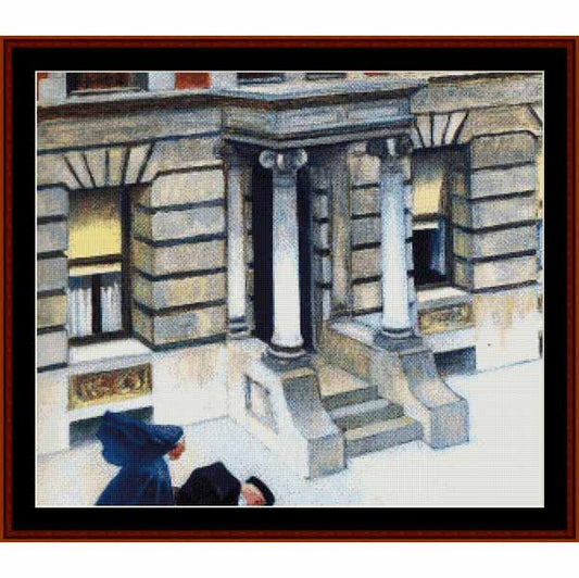 Counted Cross Stitch Pattern: New York Pavement by Edward Hopper - Cross Stitch Collectibles - A framed art print depicting a classical stone building facade with columns and steps, with two figures in dark clothing in the lower left foreground.
