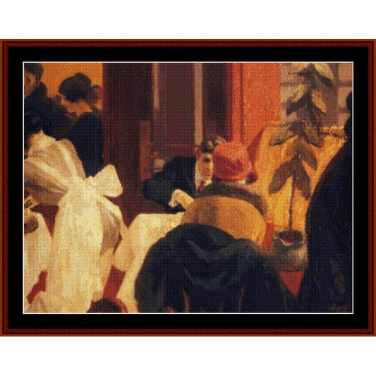 Counted Cross Stitch Pattern: New York Restaurant by Edward Hopper - Cross Stitch Collectibles - A framed art print depicting a warm-toned historical interior scene with several people gathered indoors. The painting shows figures in dark and white clothing, a red hat, and a potted plant