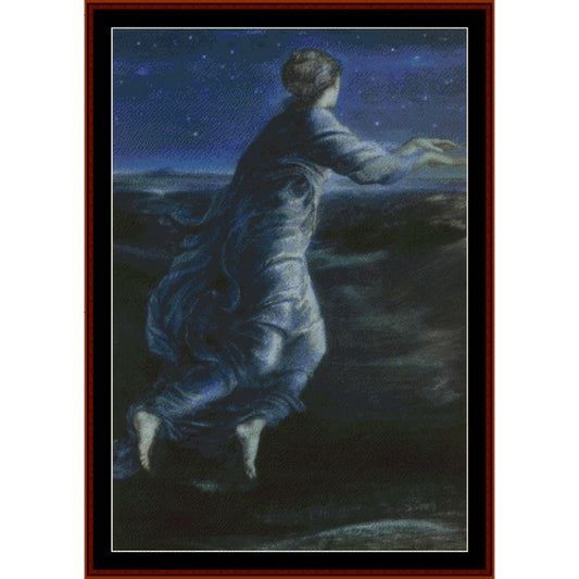 Counted Cross Stitch Pattern: Night, 1870 by Edward Burne-Jones - Cross Stitch Collectibles - A framed art print depicting a woman in flowing blue-gray robes reaching toward a starry night sky over dark water