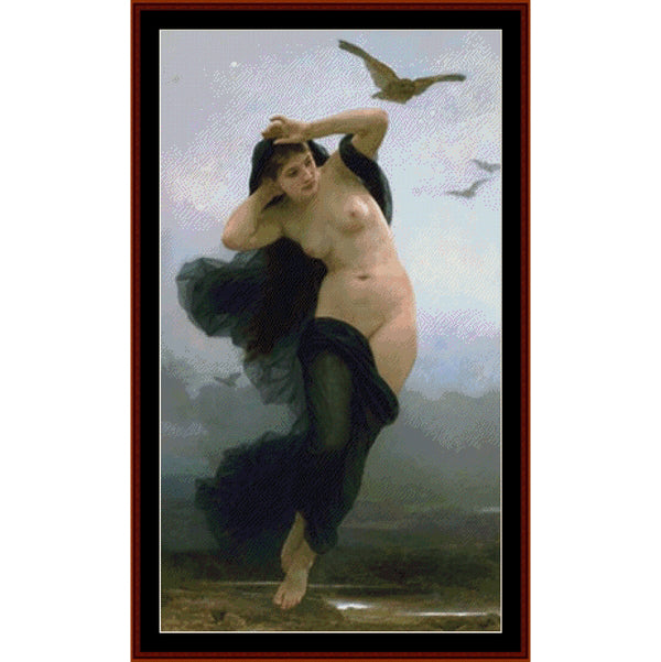 Counted Cross Stitch Pattern: Night by William Bouguereau - Cross Stitch Collectibles - A framed art print featuring a classical painting of a nude woman in motion with flowing dark fabric, set against a pale sky with birds