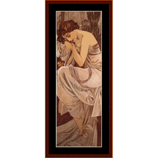 Counted Cross Stitch Pattern: Night's Rest by Alphonse Mucha - Cross Stitch Collectibles - A framed art print featuring a classical painting of a seated woman in flowing drapery
