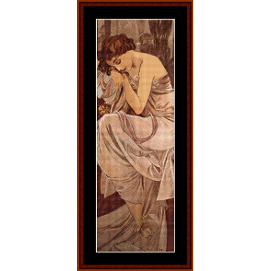 Counted Cross Stitch Pattern: Night's Rest by Alphonse Mucha - Cross Stitch Collectibles - A framed art print featuring a classical painting of a seated woman in flowing drapery