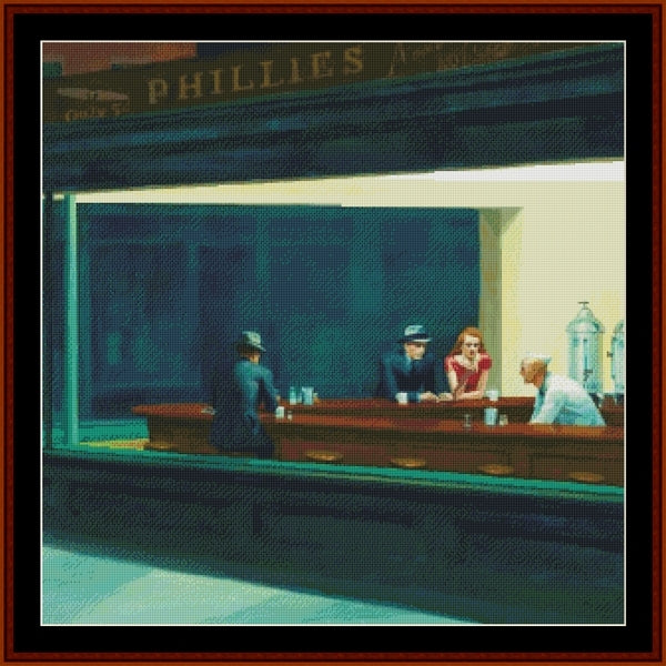 Counted Cross Stitch Pattern: Nighthawks, Detail by Edward Hopper - Cross Stitch Collectibles - A framed art print depicting a stylized, pixelated scene from 'No One Laments' by Edward Hopper, showing patrons at a diner counter under a sign reading 'PHILLIES'.
