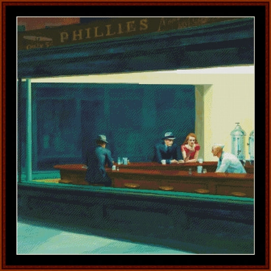 Counted Cross Stitch Pattern: Nighthawks, Detail by Edward Hopper - Cross Stitch Collectibles - A framed art print depicting a stylized, pixelated scene from 'No One Laments' by Edward Hopper, showing patrons at a diner counter under a sign reading 'PHILLIES'.