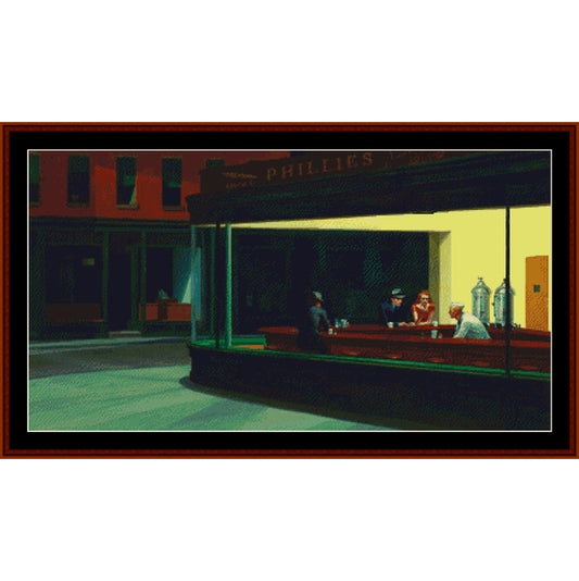 Counted Cross Stitch Pattern: Nighthawks II by Edward Hopper - Cross Stitch Collectibles - A framed art print depicting a stylized night scene from 'The Great Gatsby' featuring the 'Phillies' bar, with figures inside and a street scene outside