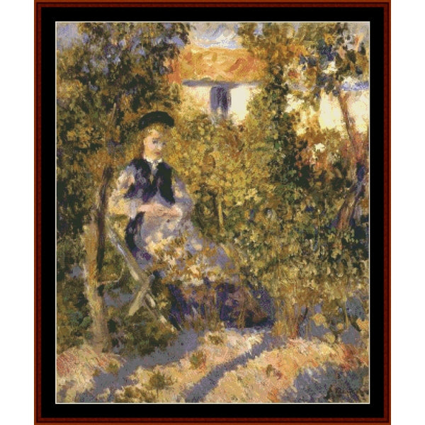 Counted Cross Stitch Pattern: Nini in the Garden by Pierre Auguste Renoir - Cross Stitch Collectibles - Impressionist-style painting of a seated woman in a garden or courtyard, surrounded by dense greenery and a building in the background