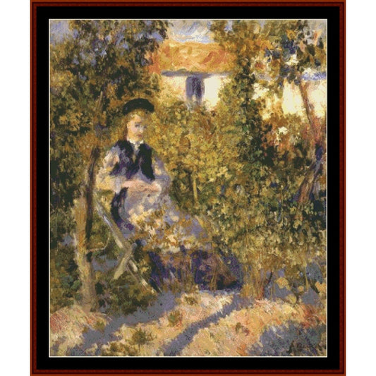 Counted Cross Stitch Pattern: Nini in the Garden by Pierre Auguste Renoir - Cross Stitch Collectibles - Impressionist-style painting of a seated woman in a garden or courtyard, surrounded by dense greenery and a building in the background