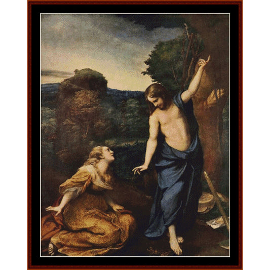 Counted Cross Stitch Pattern: Noli Me Tangere by Correggio - Cross Stitch Collectibles - A framed classical painting depicting a biblical scene with a standing figure in blue drapery and a kneeling figure in brown and gold robes, surrounded by trees and a landscape.