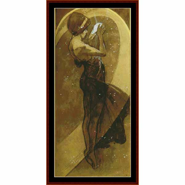 Counted Cross Stitch Pattern: North Star, 1902 by Alphonse Mucha - Cross Stitch Collectibles - A framed art print featuring an Art Deco style illustration of a woman in a dark dress and hat, set against a warm gold and brown background
