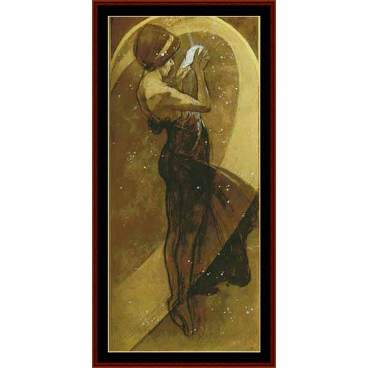 Counted Cross Stitch Pattern: North Star, 1902 by Alphonse Mucha - Cross Stitch Collectibles - A framed art print featuring an Art Deco style illustration of a woman in a dark dress and hat, set against a warm gold and brown background