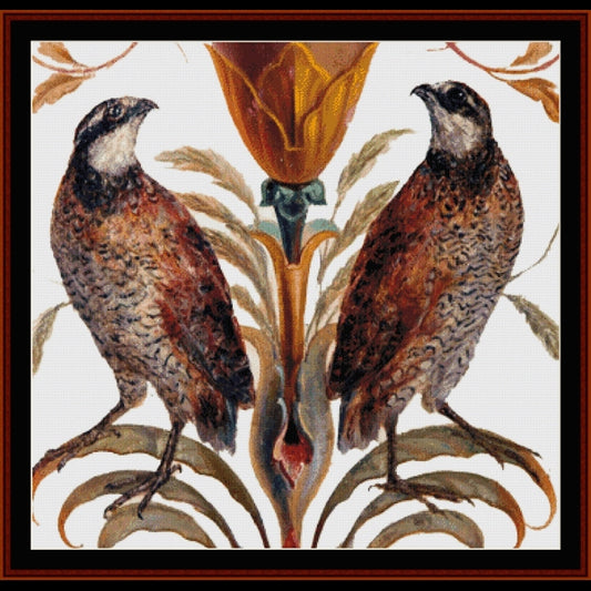 Counted Cross Stitch Pattern: Northern Bobwhite - Cross Stitch Collectibles - A framed decorative artwork showing two brown and gray birds perched on a stylized floral stem with leaves, set against a white background