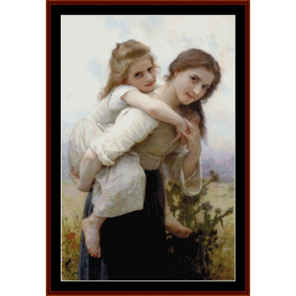 Counted Cross Stitch Pattern: Not Too Much to Carry by William Bouguereau - Cross Stitch Collectibles - A framed vintage-style painting depicting a woman carrying a young girl outdoors