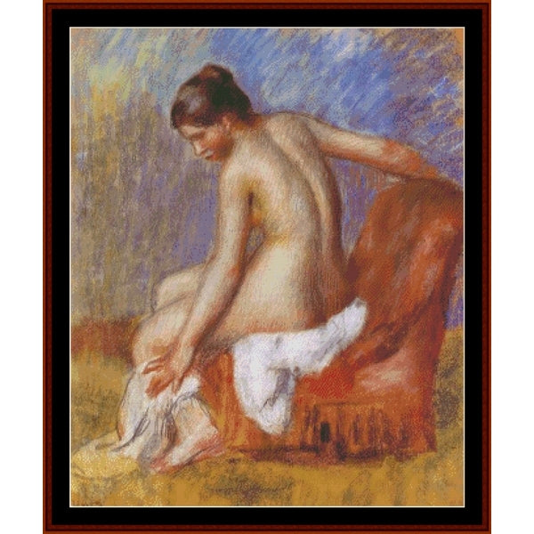Counted Cross Stitch Pattern: Nude in Armchair by Pierre Auguste Renoir - Cross Stitch Collectibles - A framed art print featuring a pastel-style painting of a seated nude woman with a white cloth around her legs, shown against a blue and yellow background.