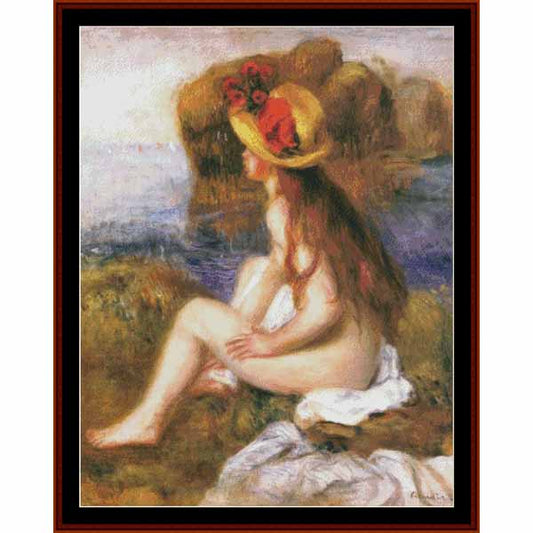 Counted Cross Stitch Pattern: Nude in Straw Hat by Pierre Auguste Renoir - Cross Stitch Collectibles - A framed art print of an impressionist painting depicting a seated nude woman in profile wearing a yellow hat with red flowers