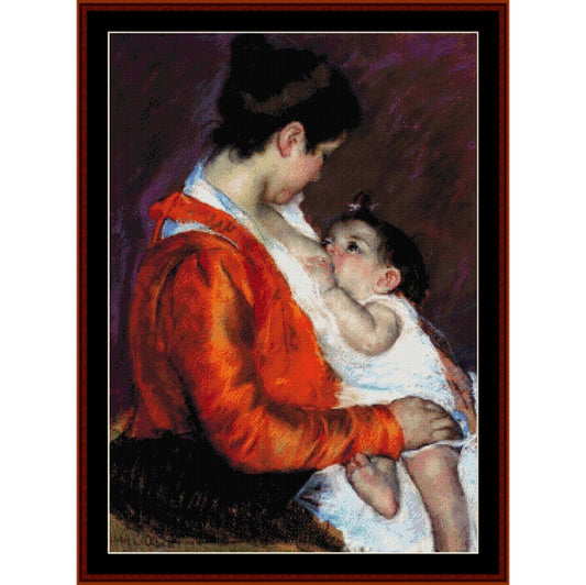 Counted Cross Stitch Pattern: Nursing by Mary Cassatt - Cross Stitch Collectibles - A framed art print depicting a mother in a vibrant orange-red dress breastfeeding her baby