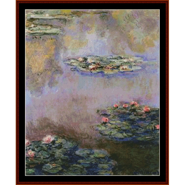Counted Cross Stitch Pattern: Nympheas by Claude Monet - Cross Stitch Collectibles - Framed water lily painting print featuring Claude Monet's Impressionist style pond scene with green lily pads and pink flowers on a soft purple and blue water surface