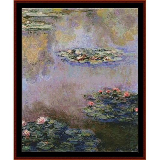 Counted Cross Stitch Pattern: Nympheas by Claude Monet - Cross Stitch Collectibles - Framed water lily painting print featuring Claude Monet's Impressionist style pond scene with green lily pads and pink flowers on a soft purple and blue water surface
