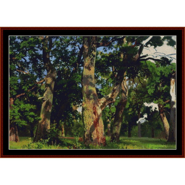 Counted Cross Stitch Pattern: Oaks, Evening, 1887 by Ivan Shishkin - Cross Stitch Collectibles - A framed landscape art print depicting a dense forest with tall trees, green foliage, and sunlight filtering through the canopy