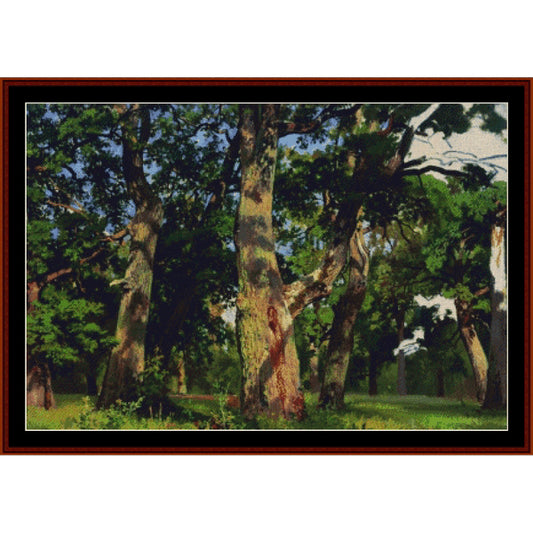 Counted Cross Stitch Pattern: Oaks, Evening, 1887 by Ivan Shishkin - Cross Stitch Collectibles - A framed landscape art print depicting a dense forest with tall trees, green foliage, and sunlight filtering through the canopy
