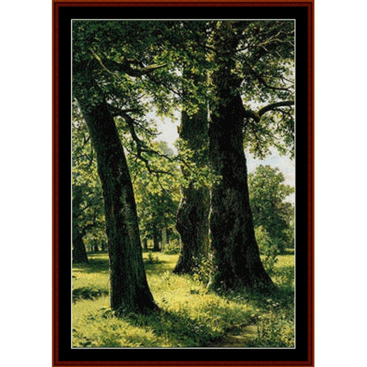 Counted Cross Stitch Pattern: Oaks II by Ivan Shishkin- Cross Stitch Collectibles - A framed landscape art print depicting tall, ancient trees in a sunlit forest clearing