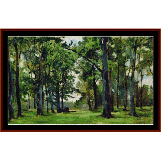 Counted Cross Stitch Pattern: Oaks by Ivan Shishkin - Cross Stitch Collectibles - A framed landscape painting depicting a dense forest with tall trees, green foliage, and a sunlit grassy clearing