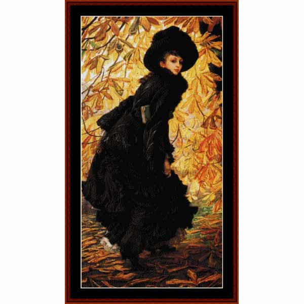 Counted Cross Stitch Pattern: October by James T. Tissot - Cross Stitch Collectibles - A framed art print depicting a woman in a voluminous black dress and wide-brimmed black hat, surrounded by golden autumn leaves.