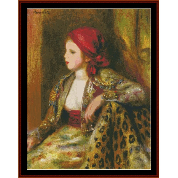 Counted Cross Stitch Pattern: Odalisque by Pierre Auguste Renoir - Cross Stitch Collectibles - Framed impressionist-style portrait artwork showing a woman in profile with a red headscarf and a patterned gold-and-black dress, set against a dark brown and warm beige interior background.