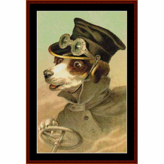 Counted Cross Stitch Pattern: Off to the Races, Vintage Dog - Cross Stitch Collectibles - A framed vintage-style portrait print showing a dog dressed in a captain's hat and goggles, holding a steering wheel. 
