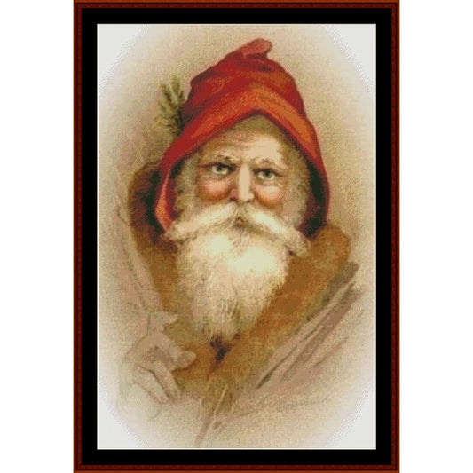 Counted Cross Stitch Pattern: Old Fashioned Santa, Christmas - Cross Stitch Collectibles - A framed vintage-style portrait print showing an Santa, bearded with a red hat and warm brown coat