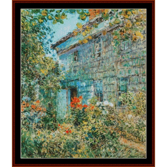 Counted Cross Stitch Pattern: Old House and Garden, East Hampton by Frederick Childe-Hassam - Cross Stitch Collectibles - Framed art print depicting a rustic stone house surrounded by lush green foliage and orange-red flowers
