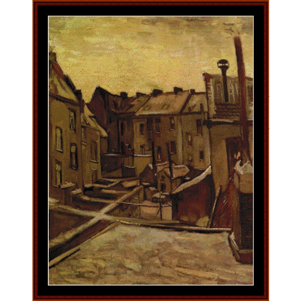 Counted Cross Stitch Pattern: Old Houses in Antwerp by Vincent Van Gogh - Cross Stitch Collectibles - A framed oil painting depicting a European canal-side street with old buildings, boats, and a figure standing by a doorway