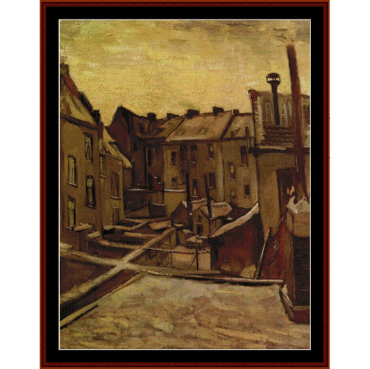 Counted Cross Stitch Pattern: Old Houses in Antwerp by Vincent Van Gogh - Cross Stitch Collectibles - A framed oil painting depicting a European canal-side street with old buildings, boats, and a figure standing by a doorway