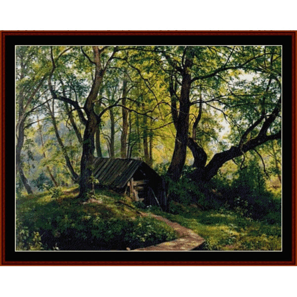 Counted Cross Stitch Pattern: Old Limes by Ivan Shishkin - Cross Stitch Collectibles - A framed landscape painting depicting a rustic wooden cabin nestled in a lush green forest with a winding dirt path.