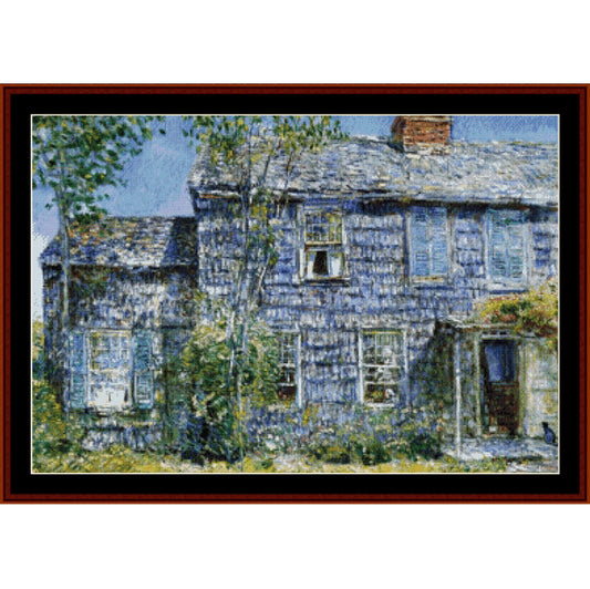 Counted Cross Stitch Pattern: Old Mumford House by Frederick Childe-Hassam - Cross Stitch Collectibles - A framed art print depicting a blue-gray shingled house with green trees and a blue sky