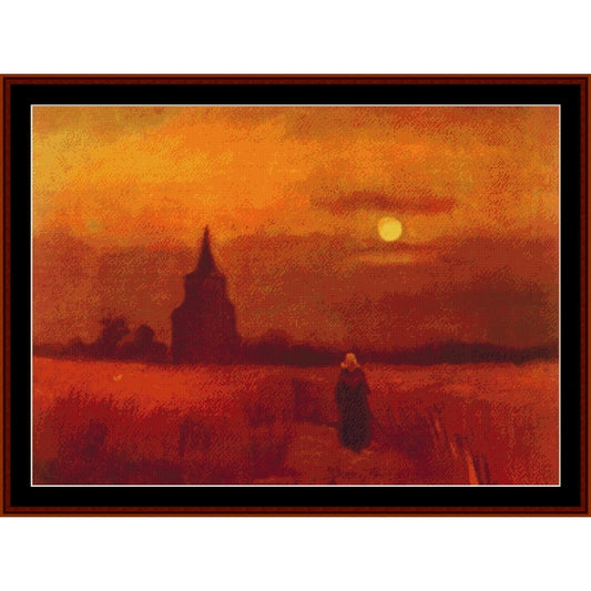 Counted Cross Stitch Pattern: Old Tower in the Fields, 1884 by Vincent Van Gogh - Cross Stitch Collectibles - A framed landscape painting featuring a silhouetted figure walking in a field at sunset, with a church steeple and a bright sun in the sky. 