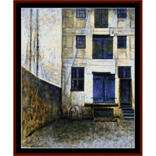 Counted Cross Stitch Pattern: Old Warehouse by Vilhelm Hammershoi - Cross Stitch Collectibles - A framed art print depicting an urban alleyway with a beige building featuring dark blue shutters and windows, alongside a tall dark wall on the left