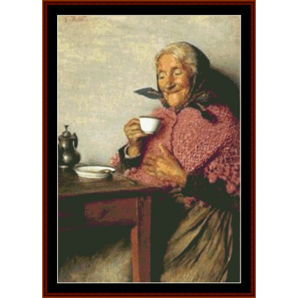 Counted Cross Stitch Pattern: Old Woman Having Tea by Gaetano Bellei - Cross Stitch Collectibles - Painting of an elderly woman holding a teacup at a table with a teapot.