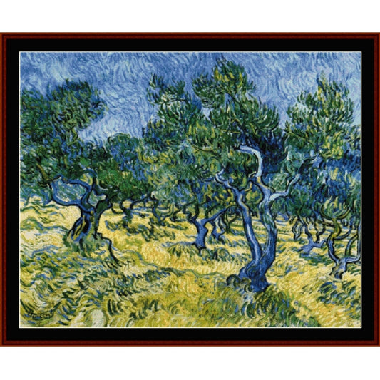 Counted Cross Stitch Pattern: Olive Grove by Vincent Van Gogh - Cross Stitch Collectibles - A framed art print depicting an impressionistic landscape of olive trees in a field, rendered in swirling blue and green brushstrokes with yellow ground