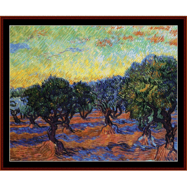 Counted Cross Stitch Pattern: Olive Grove with Orange Sky by Vincent Van Gogh - Cross Stitch Collectibles - A framed art print depicting an impressionistic landscape of gnarled olive trees under a vibrant yellow and green skyborder.