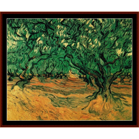 Counted Cross Stitch Pattern: Olive Trees, 1889 by Vincent Van Gogh - Cross Stitch Collectibles - A framed painting depicting a grove of gnarled trees with textured green foliage and golden-brown ground