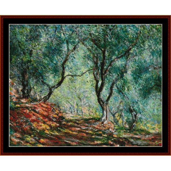 Counted Cross Stitch Pattern: Olive Trees in Moreno Garden by Claude Monet - Cross Stitch Collectibles - Framed impressionist landscape painting depicting a sunlit forest scene with green trees and a reddish-brown ground