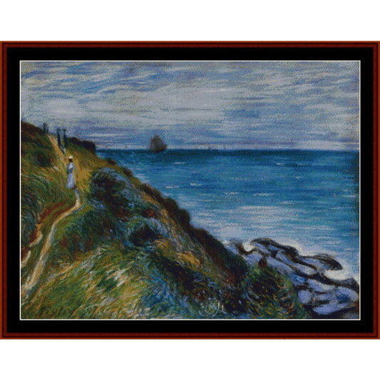 Counted Cross Stitch Pattern: On the Cliffs, Langland Bay by Alfred Sisley - Cross Stitch Collectibles - A framed impressionist-style coastal painting showing a grassy cliff path leading to the sea, with blue water and sky, rocks along the shore
