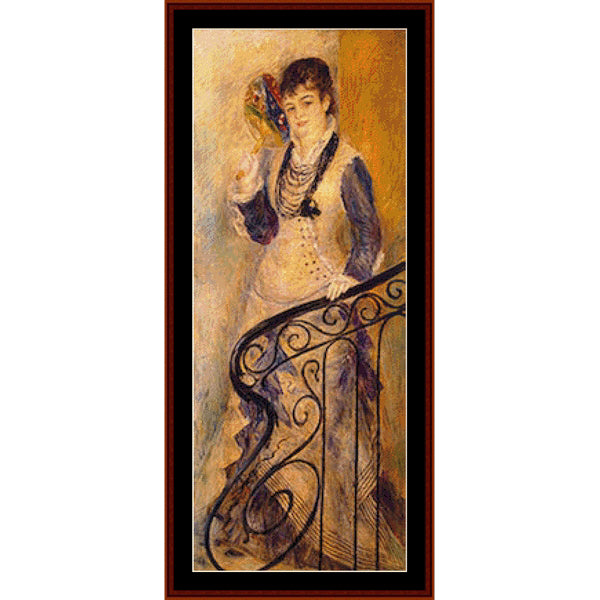 Counted Cross Stitch Pattern: On the Stairs by Pierre Auguste Renoir - Cross Stitch Collectibles - A framed vertical art print depicting a woman in a vintage dress standing on a balcony with an ornate railing