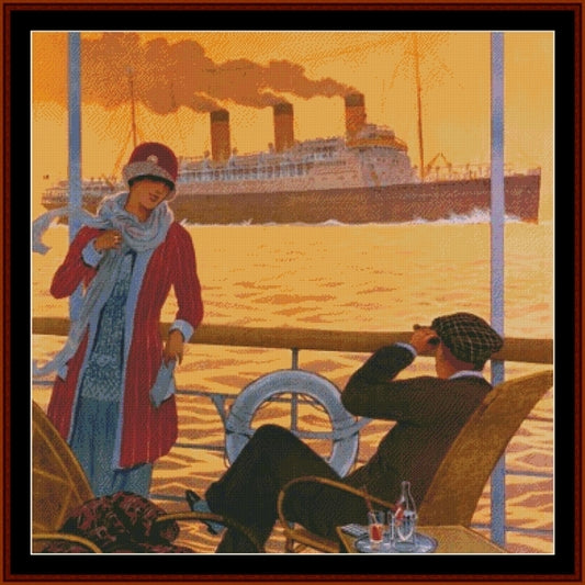 Counted Cross Stitch Pattern: On the Steamship, Vintage Poster - Cross Stitch Collectibles - Vintage-style illustrated scene of a woman in a red coat and hat standing on a boat deck next to a seated man, with a large ocean liner in the distance under a warm orange sky.