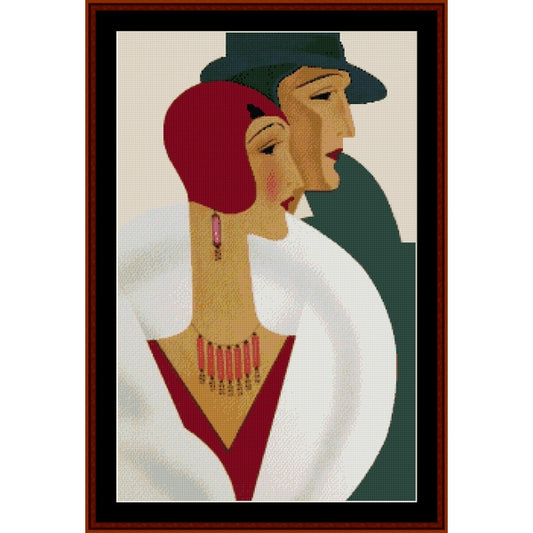 Counted Cross Stitch Pattern: On the Town, Vintage Poster - Cross Stitch Collectibles - A framed art print featuring a stylized 1920s flapper couple portrait. The woman in the foreground wears a red head covering and red dress, with a pink necklace, while the man behind her wears a dark green hat and coat.