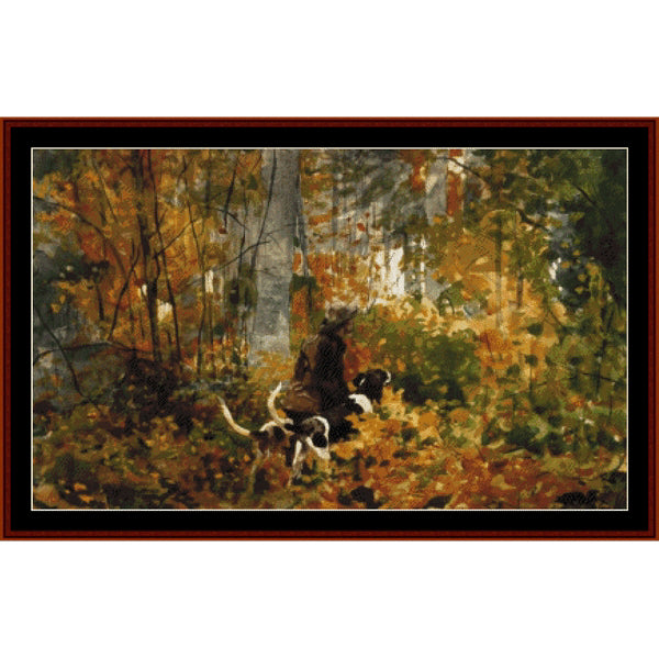 Counted Cross Stitch Pattern: On the Trail by Winslow Homer - Cross Stitch Collectibles - A framed art print depicting a hunter with dogs in a dense autumn forest