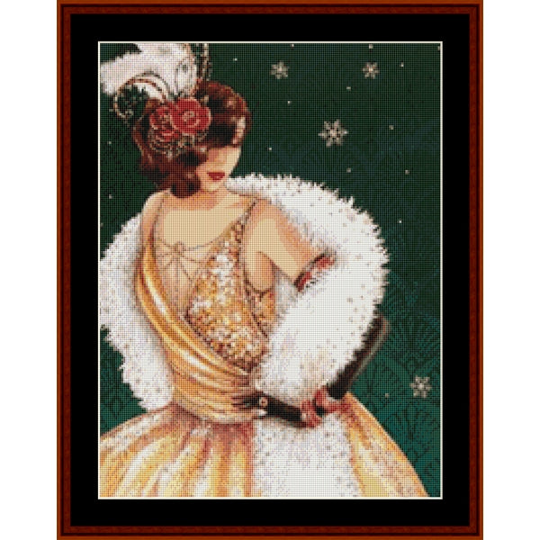 Counted Cross Stitch Pattern: On the Way to the Party, Holiday - Cross Stitch Collectibles - A framed cross-stitch artwork showing a woman in a white feathered shawl and gold dress against a dark green patterned background with snowflake motifs.