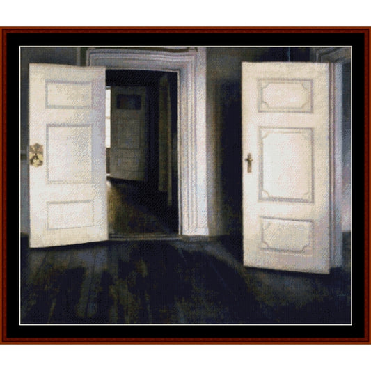 Counted Cross Stitch Pattern: Open Doors, 1905 by Vilhelm Hammershoi - Cross Stitch Collectibles - A framed art print depicting two white paneled doors in a dimly lit room, with one door open to reveal a dark hallway and the other standing closed